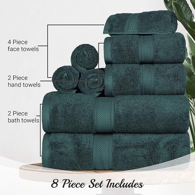 SUPERIOR Egyptian Cotton Pile 8 Piece Towel Set, Includes 2 Bath, 2 Hand