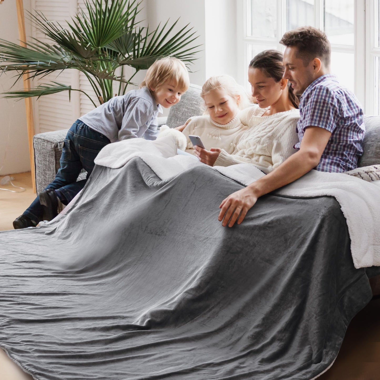 Bedsure GentleSoft Sherpa Fleece Blankets Queen Size for Bed - Thick and Warm, Soft Fuzzy Plush Queen Blanket for Winter, Grey, 90x90 Inches
