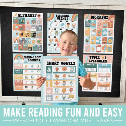 Hadley Designs Phonics Posters for Classroom Must Haves - 9 Sound Wall for Kindergarten & Elementary Teacher Supplies, Syllable, Vowels, Digraphs & Blends Bulletin Board Set, Retro Classrom Decor