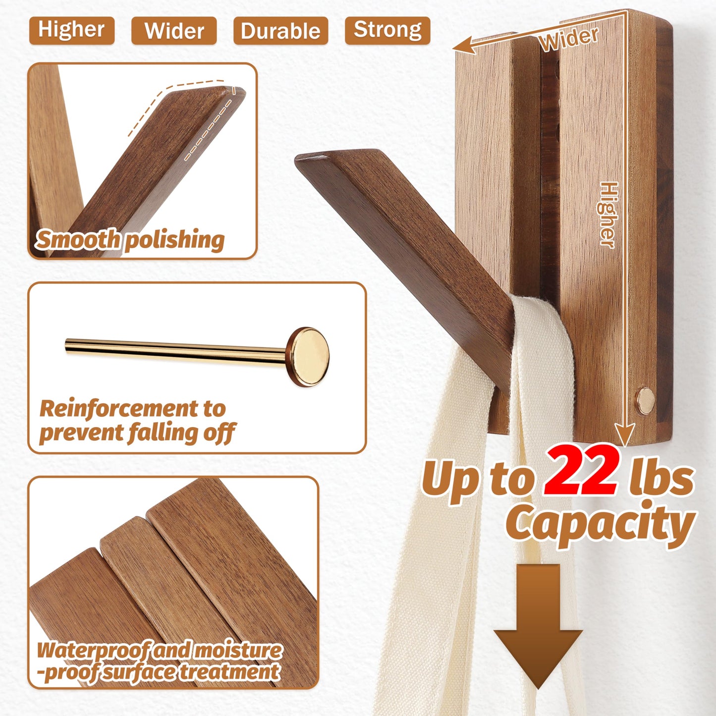 KYIAANY Foldable Wall Hooks 2Pack: Rustic Wooden Coat Hooks Mounted for Heavy Duty Hanging Hats Bags Beach Towels, Space Saving Minimalist Design for Aesthetic Homeowner