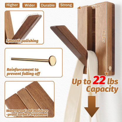 KYIAANY Foldable Wall Hooks 2Pack: Rustic Wooden Coat Hooks Mounted for Heavy Duty Hanging Hats Bags Beach Towels, Space Saving Minimalist Design for Aesthetic Homeowner