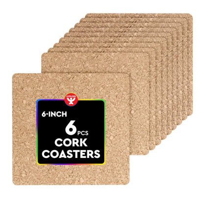 Hygloss Products Natural Cork Coasters - Eco Friendly Absorbent Square for Drinks, Trivets, and DIY Crafts, 3mm, 6 inch, Set of 6