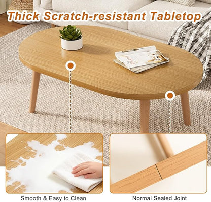 Coffee Table Low Table with Solid Wood Legs, 31.5x19.7" Large Coffee Table Side Table, Floor Table Desk for Sitting on The Floor, Living Room Furniture for Office Apartment Home, Oval Natural
