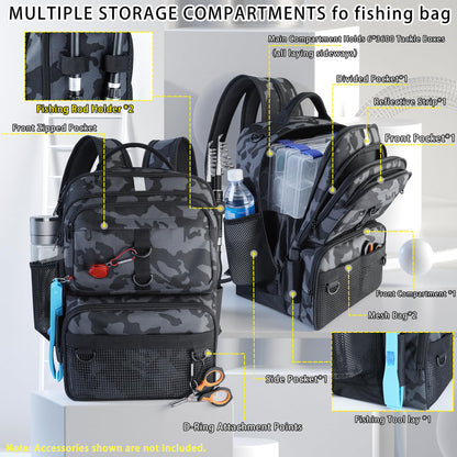 SKAITU Fishing Backpack with Tackle Boxes and Rod Holder, 24L Fishing Sling Bag with Fishing Lures Kit, Fishing Gear Bag Gifts for Men Women - Black Backpack