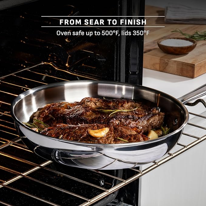 T-Fal Pro Tri-Ply Stainless Steel Sauce Pan with Lid, 2.3 Quart Saucepan with Lid, Induction Pot, Oven Safe 500F, Lid-350F, Fast & Even Heat, Professional Quality & Durability, Silver
