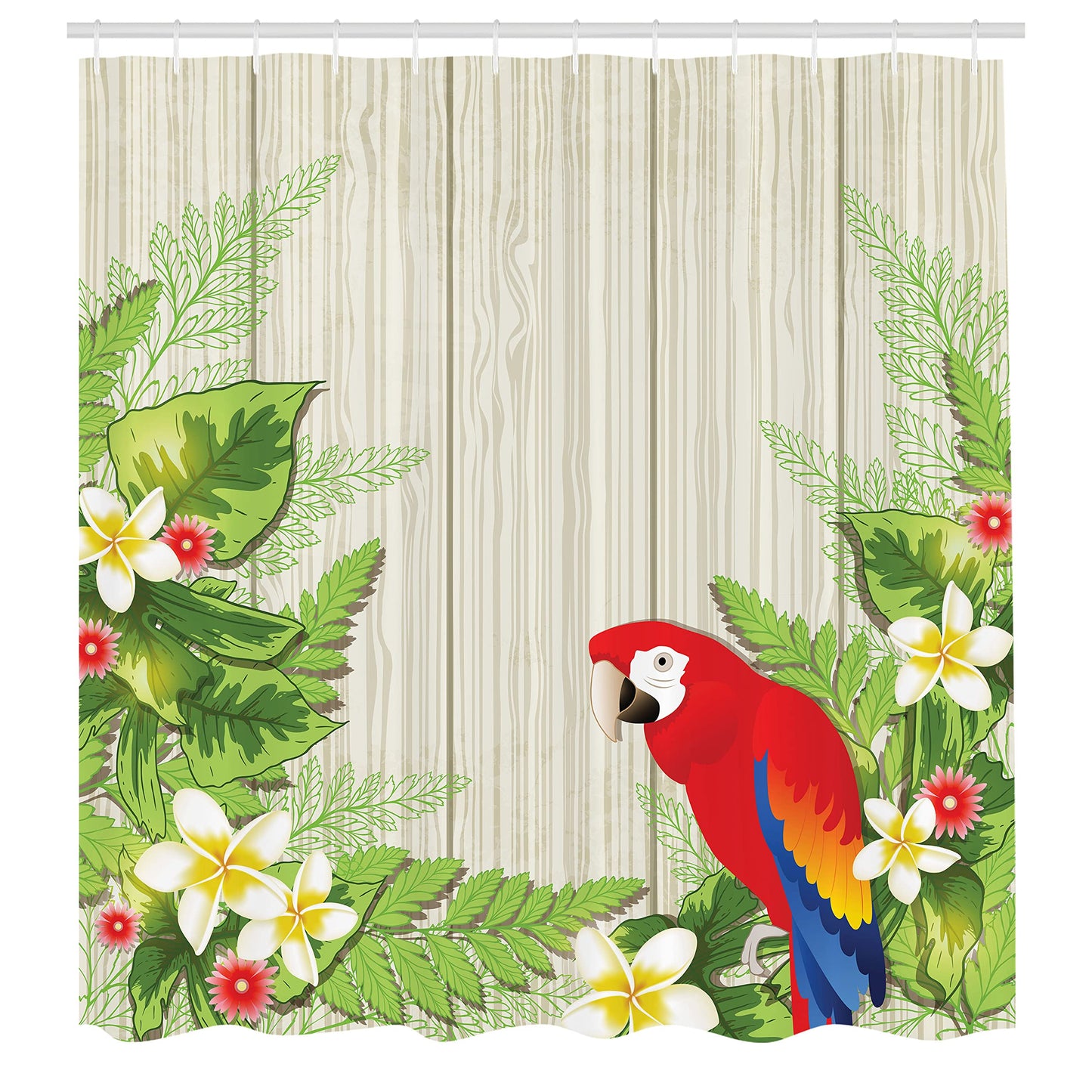 Ambesonne Parrot Shower Curtain, Tropic Flowers and Parrot in Summer Garden Wooden Wall Ferns Art, Cloth Fabric Bathroom Decor Set with Hooks, 69" W x 84" L, Cream Green Red