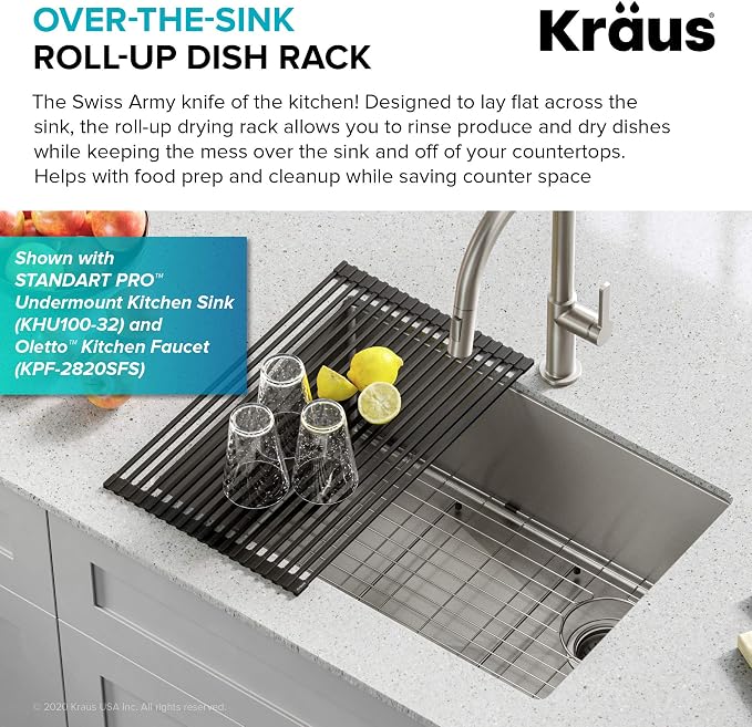 Kraus Multipurpose Over-Sink Roll-Up Dish Drying Rack, Colander and Trivet in Black, KRM-10BLACK (Pack of 4)