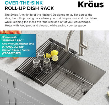 Kraus Multipurpose Over-Sink Roll-Up Dish Drying Rack, Colander and Trivet in Black, KRM-10BLACK (Pack of 4)