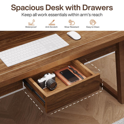 Tribesigns Home Office Executive Desk: 55 Inches Wooden Computer Desk with Drawer, Mid-Century Modern Study Writing Table, Rustic PC Laptop Desk Workstation Furniture, Walnut Brown