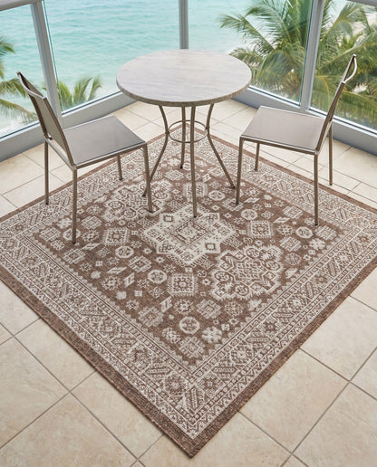 Rugs.com - Outdoor Aztec Rug – 5 Ft Square Brown Indoor/Outdoor Rug – Durable, Easy-Clean, Perfect for Patios and Porches