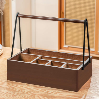PTSTING Silverware Caddy with Handle Acacia Wood Utensil Holder Paper Plate Dispenser for Countertop Flatware Organizer Box for Spoons Forks Plates Cups Napkins