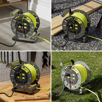 Masterplug 50ft Cord Reel, Retractable Extension Lead with Winding Handle, Safety Overload Circuit Breaker and Power Switch, 4X Grounded Outlets, 2X USB Ports, 13amps, 14AWG Cable