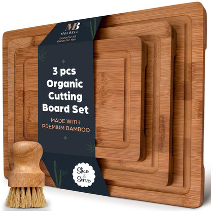 MelBell Bamboo Cutting Board Set Of 3 for Kitchen - Wooden Chopping Boards with Juice Groove - Wood Serving Board for Meat, Vegetables, Cheese