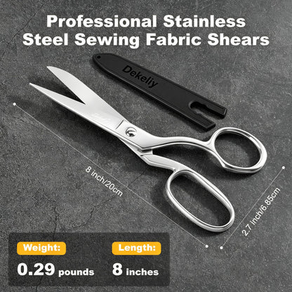 DEKELIY 2 Pack 8" Dressmaker Fabric Scissors, Heavy Duty Stainless Steel Tailor Sewing Shears with Protective Sheath, Multi-Purpose Sharp Fabric Scissors for Cutting Cloth, Thread, and Crafting