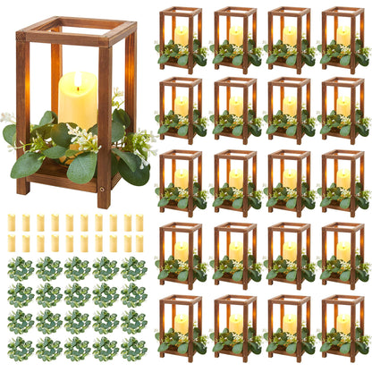 Tristcily 60 Pcs/20 Set Wooden Wedding Lantern Centerpiece,Wooden Centerpieces for Tables-with 20 Holders 20 Candles 20 Wreaths for Rustic Table Decoration Country Barn Wedding Party (Brown)