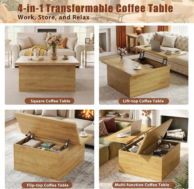 HUAHUU Lift Top Coffee Table, 4 in 1 Square Coffee Table with Storage, 31.5" Coffee Tables with Lifting Top, Center Table with Large Hidden Storage Space for Living Room, Home Office, Natural