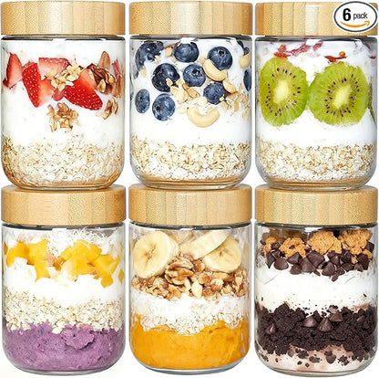 Vtopmart 6 Pack 16oz Glass Overnight Oats Containers with Bamboo Lids, Portable Wide Mouth Glass Jars Leak Proof, Reusable Glass Food Storage Containers for Yogurt Chia Pudding Salad Pickling Snacks
