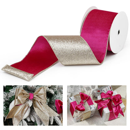 LIZLOVESS Hot Pink Velvet Wired Ribbon with Glitter Back 4 Inch Pink and Gold Christmas Ribbon Wired Fuschia Ribbon for Christmas Tree Decorations, Gift Wrapping, Wreaths Supplies, Bows (10 Yards)