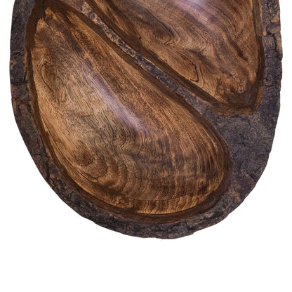 Divit Shilp Natural Wooden Tray, Serving Bowl for Salad, Veggies and Fruits, Large Deep Tray for Family, Party (Bark Edge Wavy Divided Bowl)