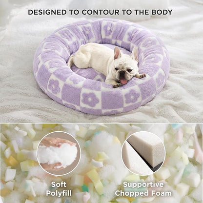 LE SURE Shown on TV Donut Dog Bed Medium - Round Cat Beds Indoor as Bed Gift for Calming with Washable Cover, Cute Home Decor Bed with Jacquard Shaggy Plush & Anti Slip Bottom, 30 Inch, Flower Checks