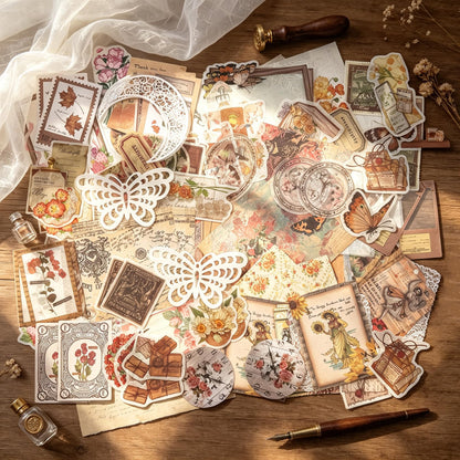 Npcswxq 200Pcs Vintage Scrapbook Paper Sticker Kit, Nature Flowrs Scrapbooking Decals for Junk Journal Supplies Card Making Stationery Album, Collage, Planner, Gift Wrapping Craft