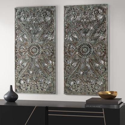 Madison Park Carved Wood Wall Art 2 Piece, Floral Wooden Carving Wall Decor, Blue Wall Art Living Room Bedroom, Copper Embellished Boho, Ready to Hang, 15.75"W x 31.5"L, Patina Blue