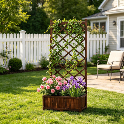 Anraja Raised Garden Bed with Trellis Wooden Flower Standing Planter Box Outdoor Wood Compact Lattice Panels Privacy Screen for Climbing Plant Planting Patio Tomato Vegetable Herb Balcony Porch 67" H