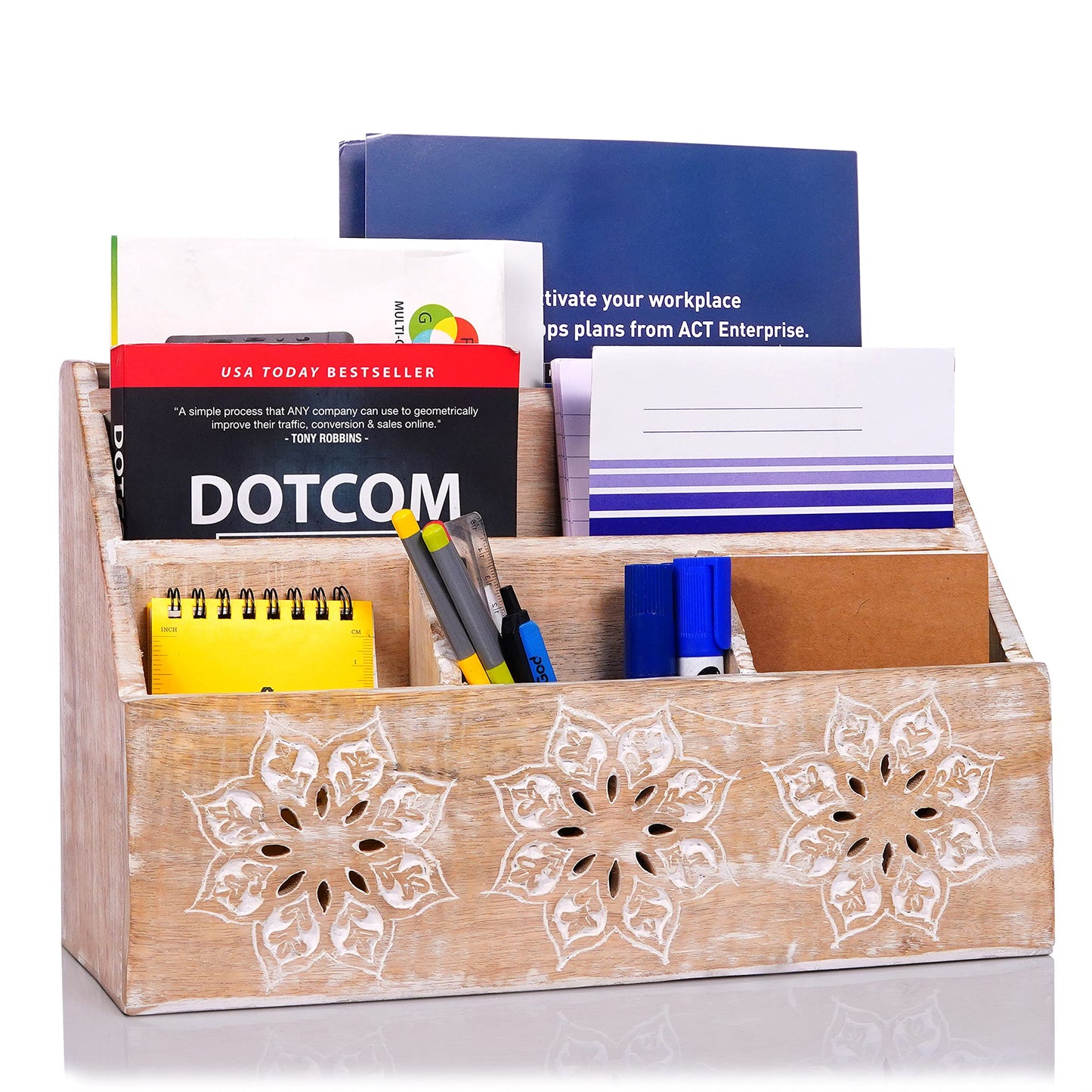 Mela Artisans Serena 13" x 8.5" Whitewash Wooden Desk Organizer – Mango Wood Mail Holder with 5 Compartments for Home Desk Organization, Mail Storage & Rustic Office Decor