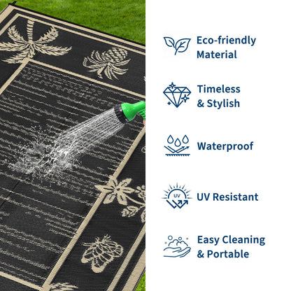 Garvee Outdoor Rug 5x8 Waterproof for Patios, Reversible Plastic Straw Rug, Tropical Leaf Indoor Outdoor Rugs, Large Area Rug for RV, Camping, Deck, Picnic Mat, Outside Carpet, Black & Brown