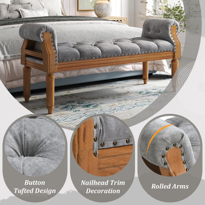 Christopher Knight Home Yordle Button-Tufted Linen Upholstered End of Bed Ottoman, Wooden Living Room Ottoman Bench with Nailhead Trim, Long Entryway Bench with Rolled Arms, Gray + Brown