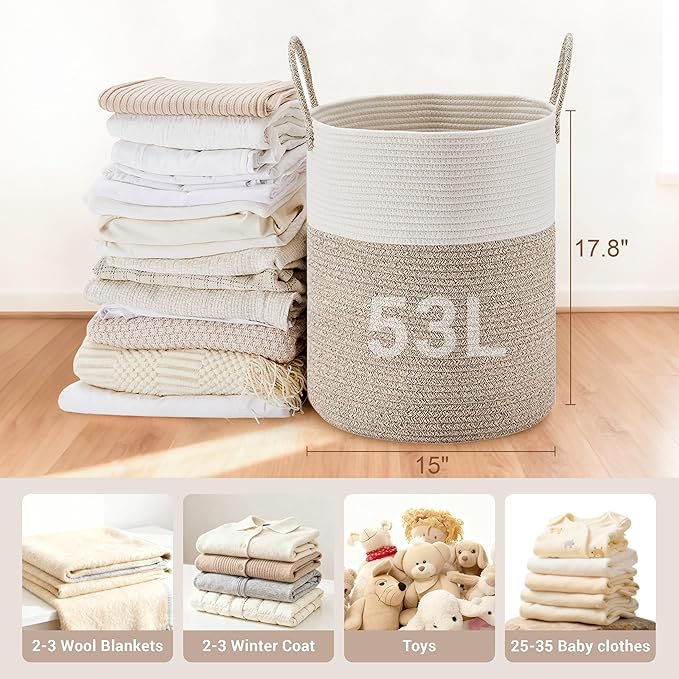 Tall Laundry Basket with Handles, 53L Portable Dirty Clothes Hamper, Boho