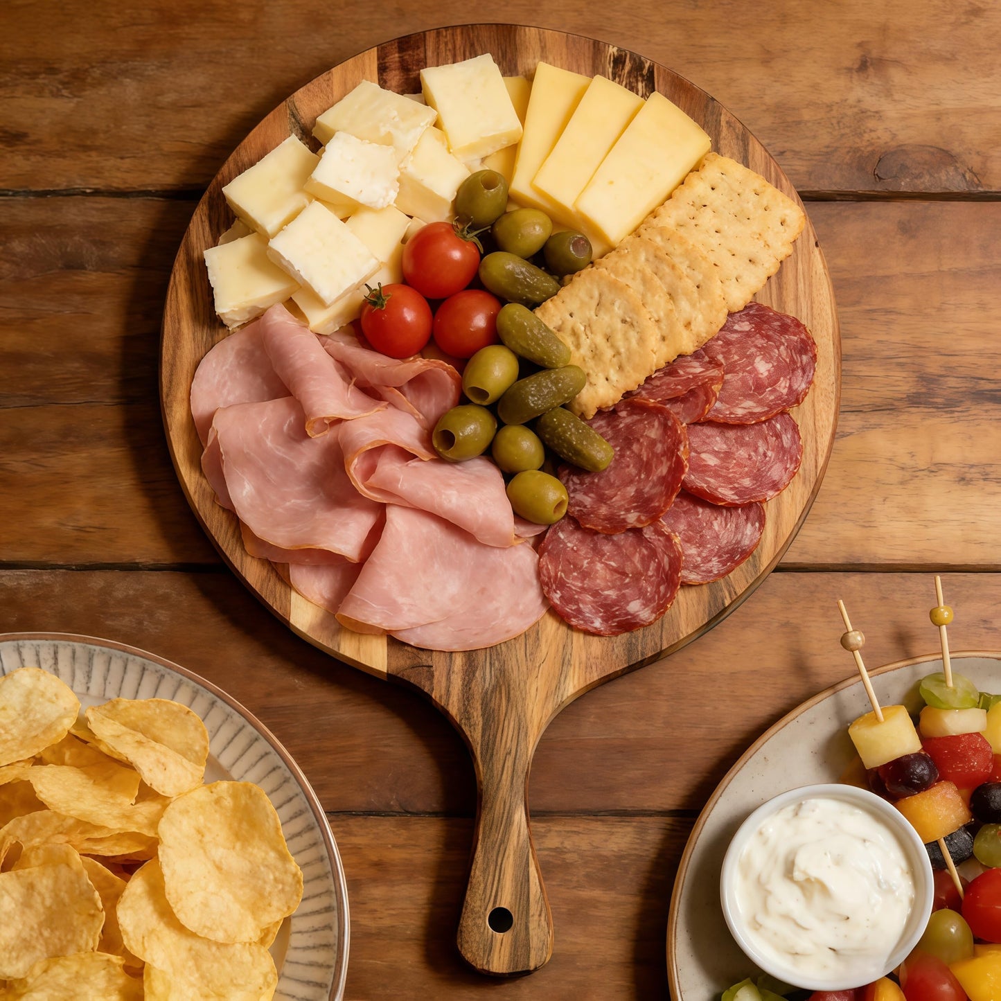 Eugelrom Acacia Wood Round Cutting Board with Handle -16" x 12" Large Charcuterie Board, Wooden Chopping Board for Kitchen, Meat & Cheese Serving Tray, Decorative Butcher Block, Ideal for Pizza