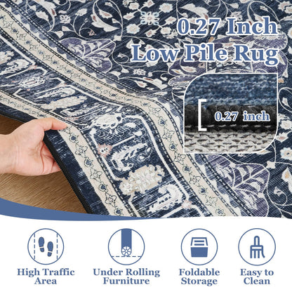 Jainmy Dark Blue Area Rug 6x9, Boho Floral Moroccan Trellis Printed Transitional Style Rugs for Living Room Bedroom, Washable Non Slip Low Pile Thin Carpet Rug for Dining Room Guest Room Home Office