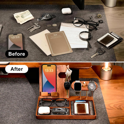 IKIKAKI Wood Nightstand Organizer for Men, Fathers Day Gift for Dad Husband, Birthday Anniversary Retirement Idea, Desk & Bedside EDC Tray for Key Wallet Watch
