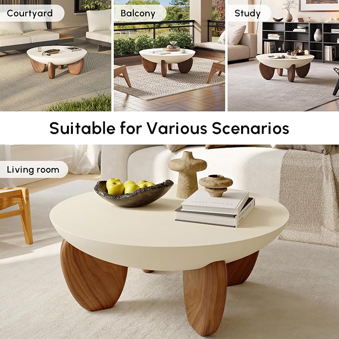 homary 30" Round Coffee Table, Modern Concrete Center Table with Walnut Ash Wood Legs, Minimalist Cement Finish for Living Room