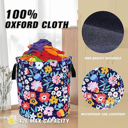 Folk Floral Art Laundry Basket Beautiful Flowers Foldable Oxford Cloth Funny