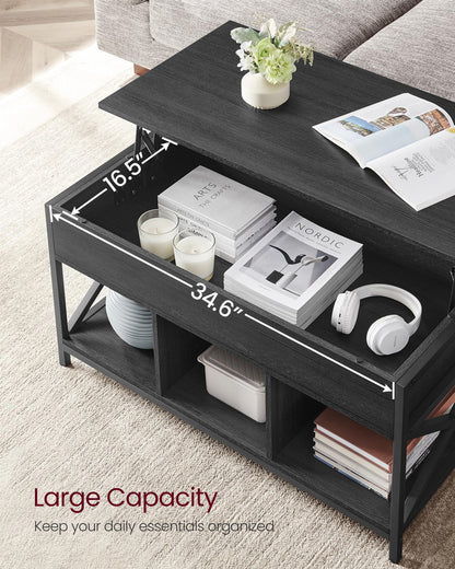 VASAGLE Coffee Table Lift Top, 3 in 1 Center Table with Storage, Gas Spring, 2 Drawers and 3 Hidden Compartments, Open Shelf, for Living Room, Home Office, Honey Brown and Rustic White ULCT254W01
