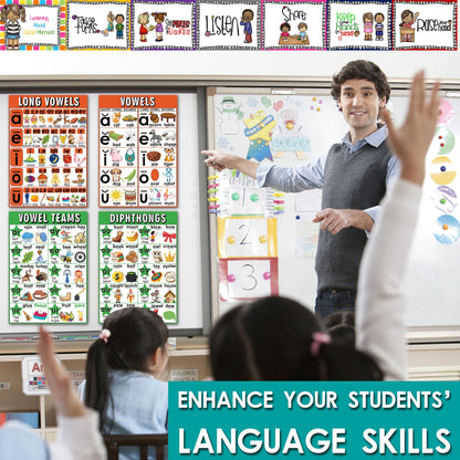 16 English Phonics Posters Language Arts Charts for Kids Toddler Learning Vowels Posters, Phonics Poster for Classroom, Digraphs and Blends Poster, Sound Wall Phonics Chart, Boho Classroom