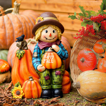 TERESA'S COLLECTIONS Fall Decor, Scarecrow Decor, Autumn Scarecrow Holding Pumpkin with Solar Lights, Waterproof Resin Outdoor Fall Decor, Fall Gifts Outdoor/Indoor,6.3"