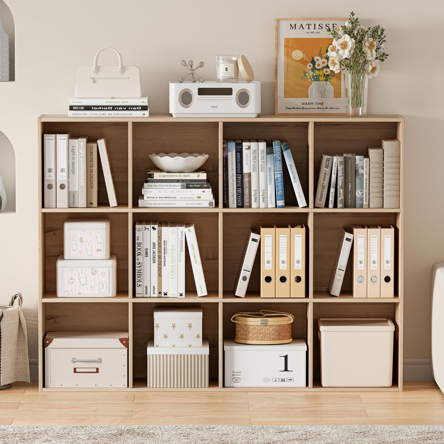 VDNEND Wooden Cube Storage Organizer with Closed Back Panel, 11in Cube Shelf Opening, Bookshelf, Display Shelf,Closet Cabinet for Home and Office (White Oak, 12-Cube 35.98L*9.45W*47.72H)