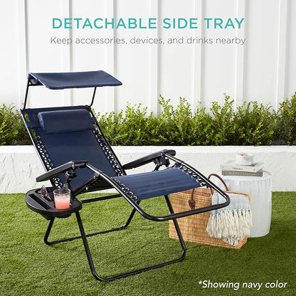 Best Choice Products Folding Zero Gravity Outdoor Recliner Patio Lounge Chair w/Adjustable Canopy Shade, Headrest, Side Accessory Tray, Textilene Mesh - Peacock Blue
