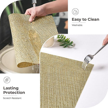 Leetaltree Gold Placemats Set of 12 - Heat Resistant Non-Slip Place mats for Dining Table, Washable Durable PVC Vinyl Woven Table Mats(Luxury Gold, 12)