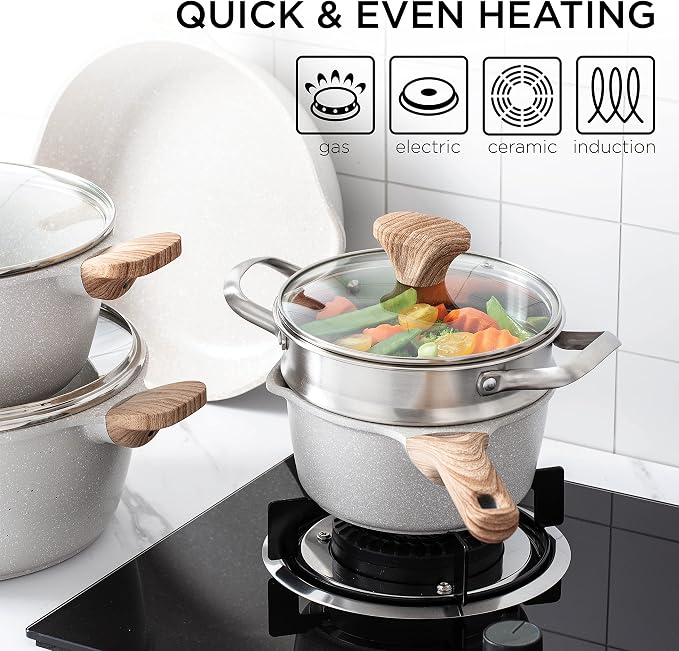 Country Kitchen Non-Stick Cast Aluminum Cookware Set - Durable Kitchen Cookware for Everyday Cooking, Cream, 11 Pc.