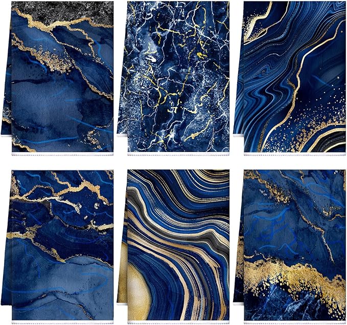 Boyiee 6 Pcs Marble Hand Towels Blue and Gold Towels Navy Blue Kitchen Towel