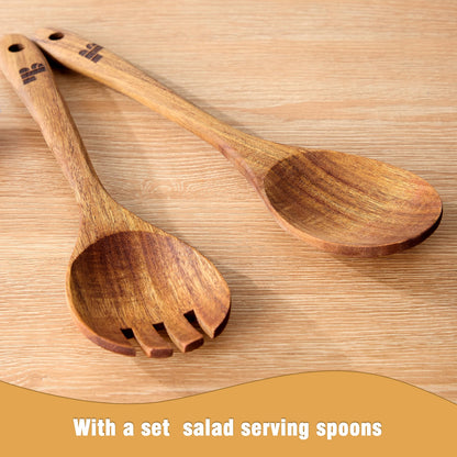 Wooden Salad Bowls with Serving Utensils, Large 12.5" Acacia Wooden Bowls for Food, Perfect as Fruit Bowl, Serving Bowls, Mixing Bowls, Handmade, Durable and Stylish Natural Wood Dinning Accessory