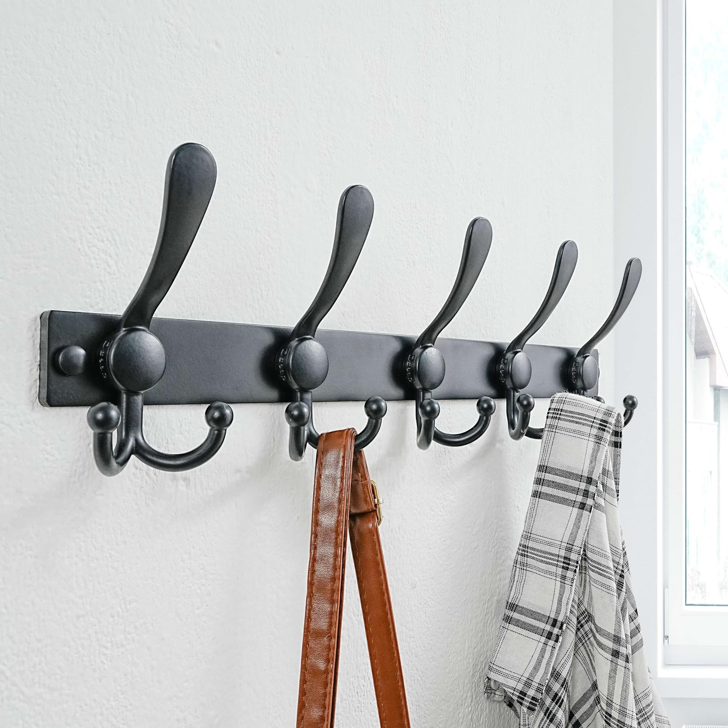 Dseap Coat Rack Wall Mount, Heavy Duty 12-Gauge Base vs Flimsy 1mm, Double-Thick Solid Anti-Snap Hooks, 16” Stud-Mount, Stainless Steel Hanger for Clothes Hat Entryway Closet Mudroom, Black