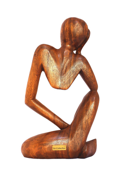 G6 Collection 12" Wooden Abstract Thinker Statue, Hand Carved Thinking Man Figurine, Modern Minimalist Sculpture, Handmade Home Decor Accent Gift (Brown)