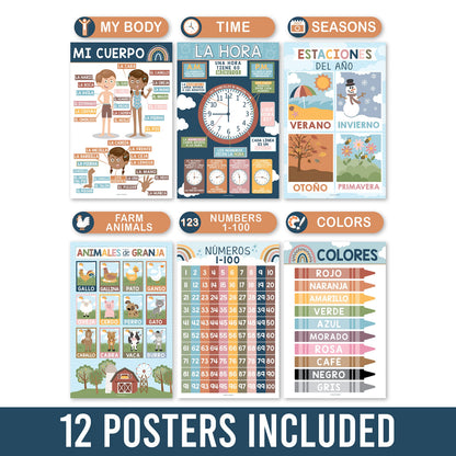 Hadley Designs Spanish Posters for Classroom - 12 Bilingual Educational Posters for Spanish Classroom Decorations Must Haves, Calendario y Alfabeto en Español Para la Pared, Boho Teacher Supplies
