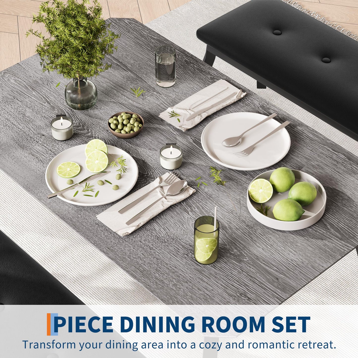 Garvee Dining Table for 4, 3-Piece Kitchen Table Set with Wooden Tabletop and Metal Frame, Industrial Retro Kitchen Table with 2 PU Leather Benches for Bar, Dining Room, Restaurant- Grey