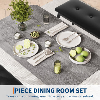 Garvee Dining Table for 4, 3-Piece Kitchen Table Set with Wooden Tabletop and Metal Frame, Industrial Retro Kitchen Table with 2 PU Leather Benches for Bar, Dining Room, Restaurant- Grey
